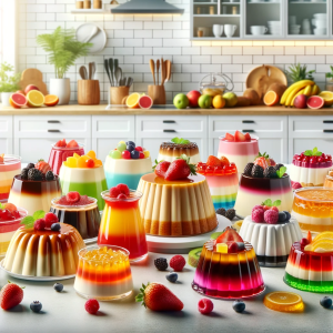 DALL·E 2024-08-31 17.25.48 - A vibrant kitchen scene featuring a variety of colorful flans and gelatins, including classic vanilla flan, fruit-flavored gelatins, and layered desse